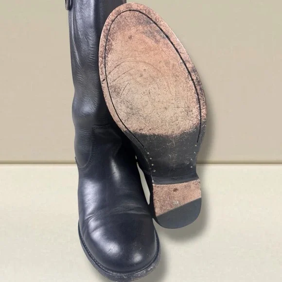 Frye Melissa Logo Black & Brown Leather‎ Knee High Boots 76436 Women's 6.5 B